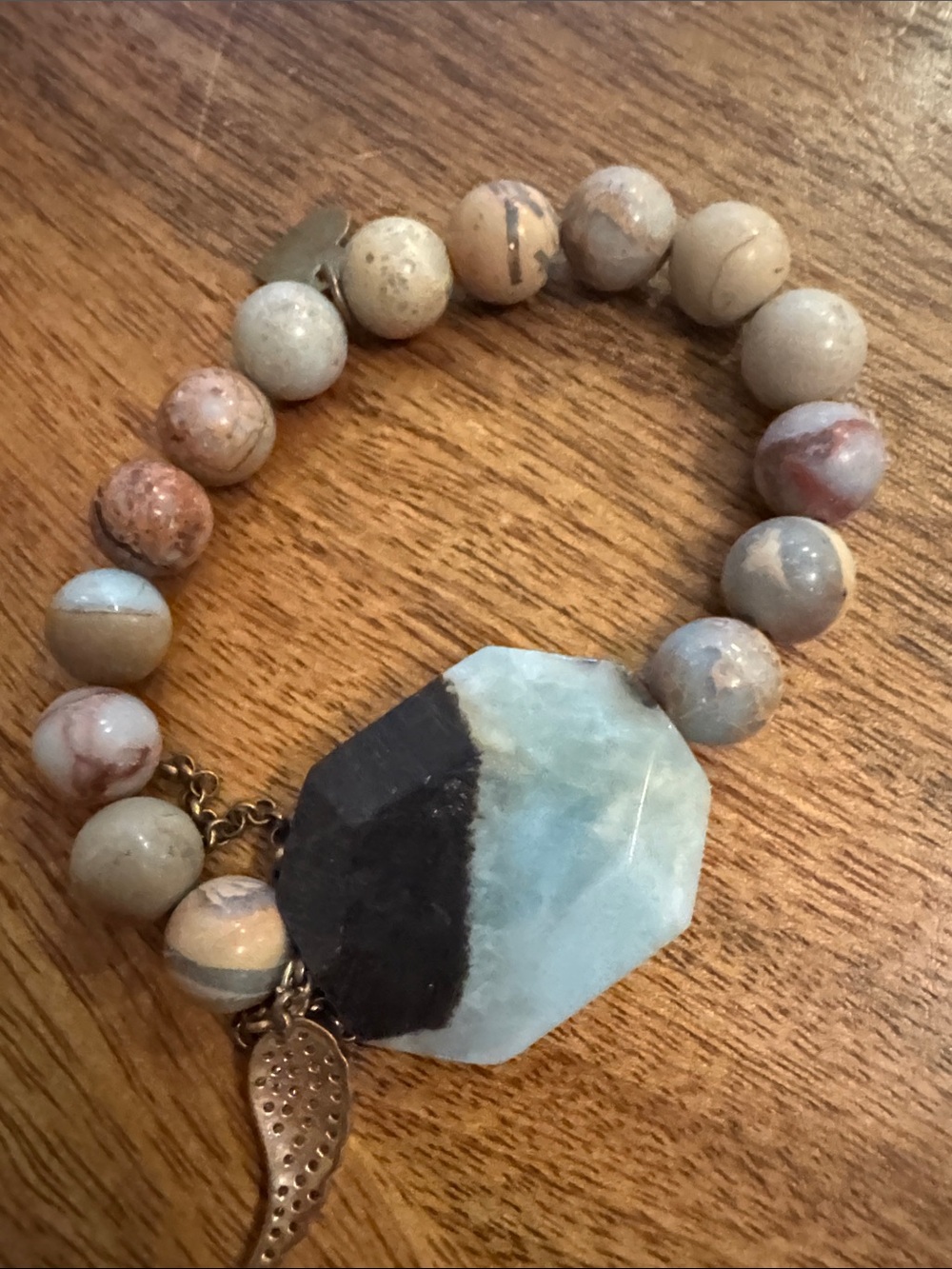 Neutral Stone Beaded Bracelet with Blue Agate Focal - Picture 9 of 9